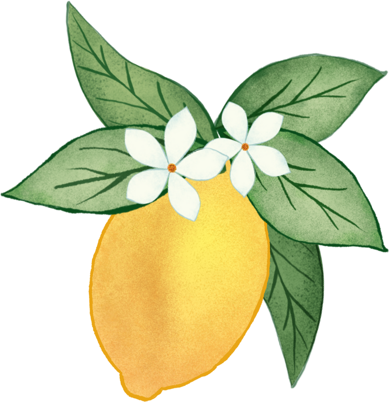 Lemon with leaves and flowers